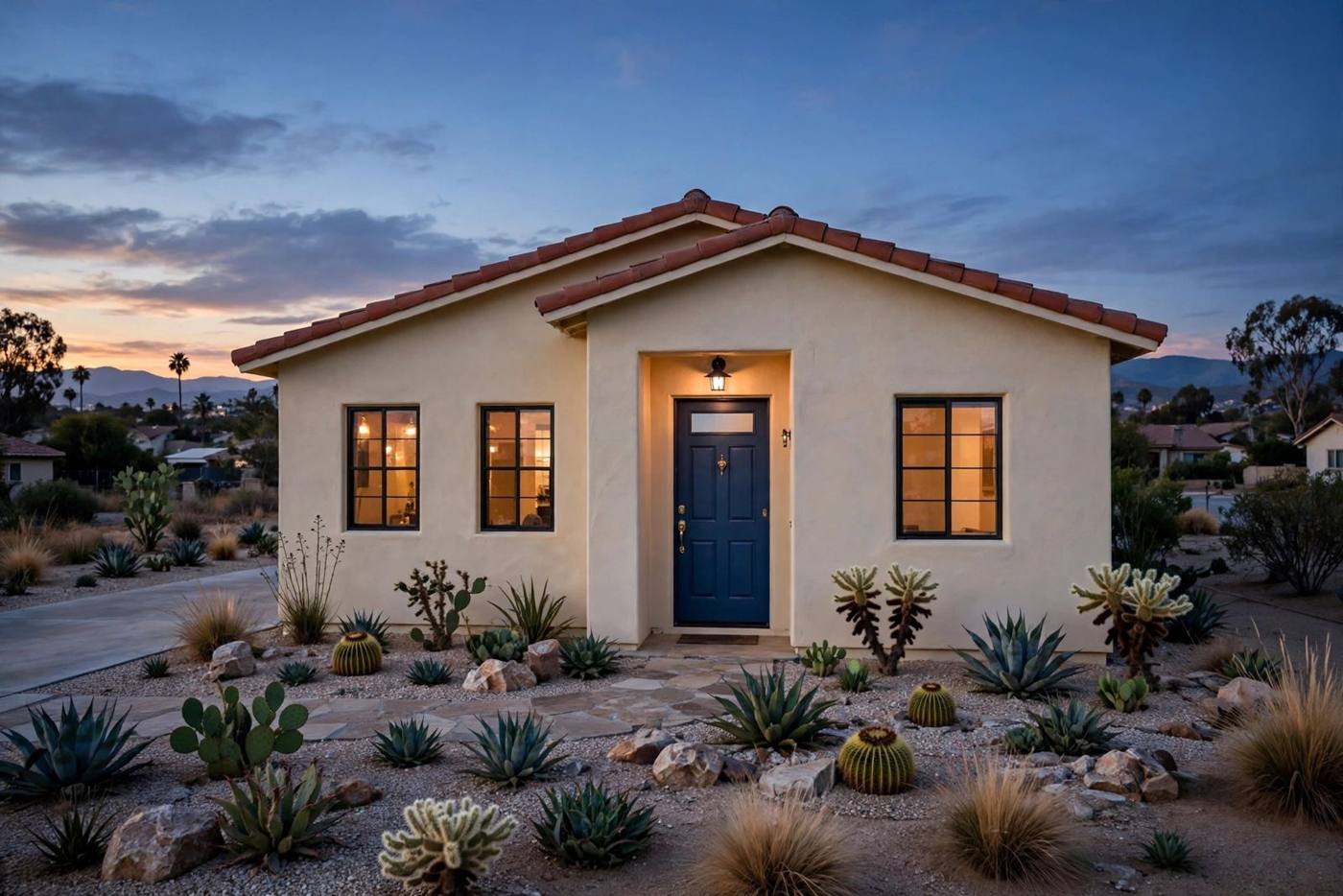 Freshly painted stucco house exterior at dusk