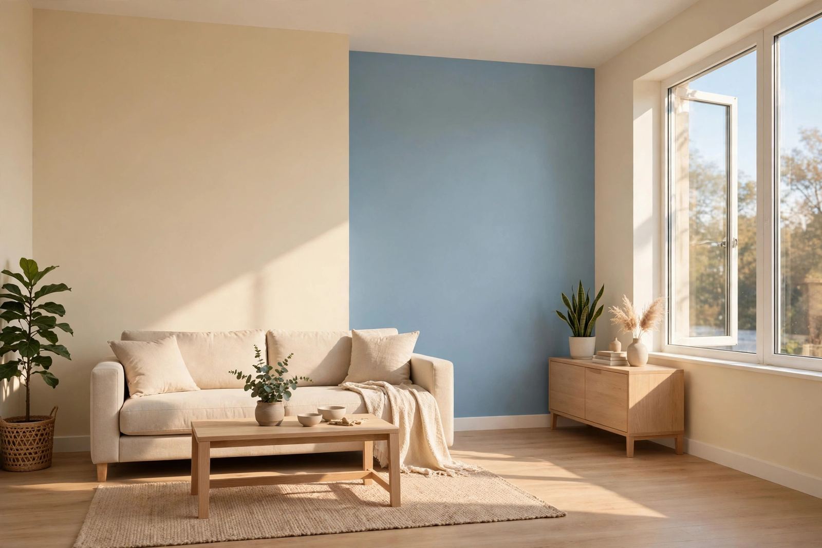 Freshly painted living room with a soft blue accent wall