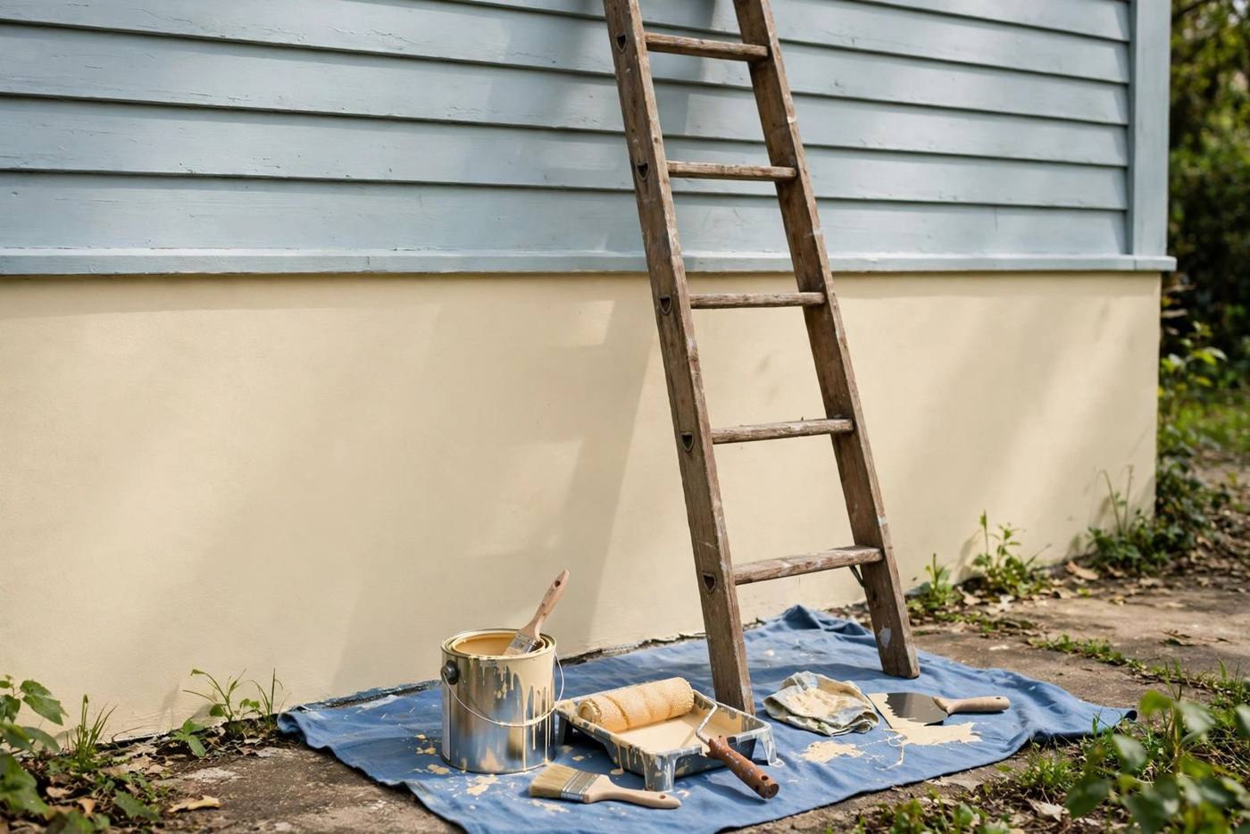 Painter's ladder against a freshly painted two tone wall
